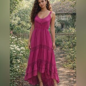 Kings Road Fuchsia Pink Lace Trim Boho Maxi Dress– Size L